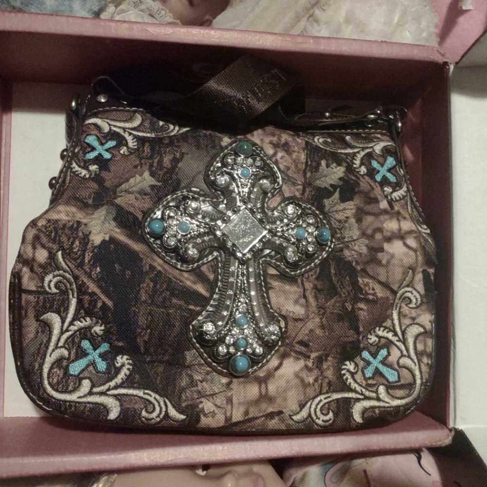 Brown and Blue Cross Embellished Women's Bag